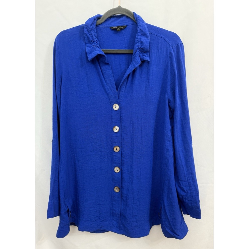 John Mark Tunic Top‎ Blue Button Down Roll Tab Sleeve Wired Collar Womens Size S